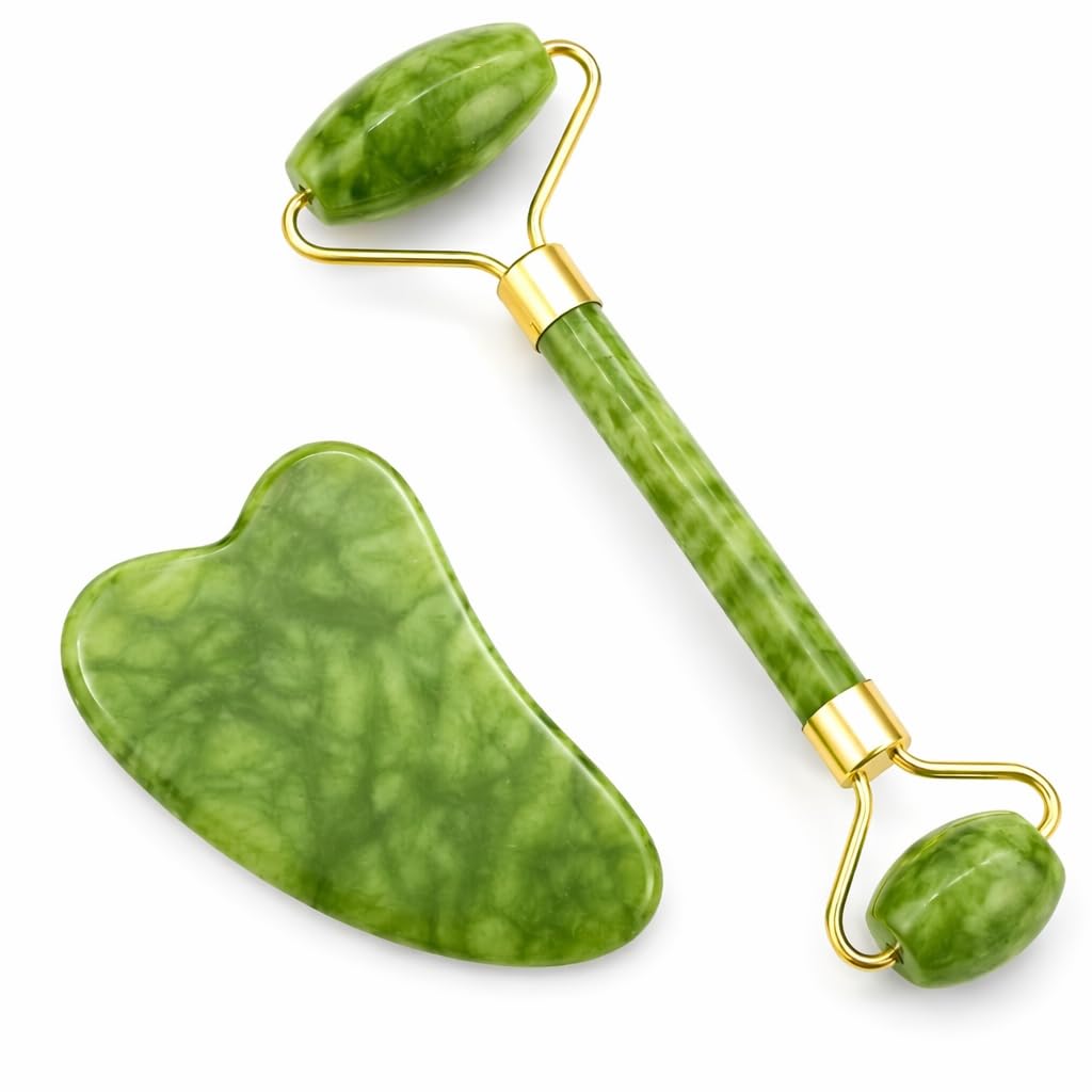Kit de Rolo de Jade e Pedra Gua Sha Facial Massageador p/Skincare Relaxante | Auxilia na