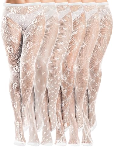 Ramede 6 Pairs Women Fishnet Thigh High Stockings Waist Tights Bow Patterned lace Fishnet Leggings Pantyhose for Halloween