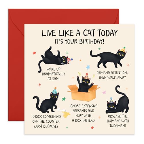 Women Men Birthday Card Live Like a Cat Gifts for Him Her Friends Besties BFF Colleagues Buddy Coworkers Fur Mum Dad Pet Lovers - Funny How to Celebrate Birthdays -Comes with Stickers