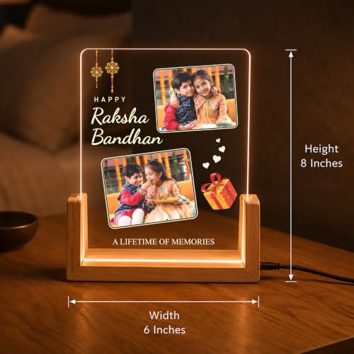 Image of Giftplease Personalized Raksha Bandhan LED Acrylic Photo Frame with Custom Pictures, Brother Sister Memory Lamp, Wooden USB Table Decor, Rakhi, Rakshabandhan, Festival Keepsake, Engraved Name Quote Display Plaque