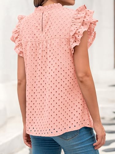 BTFBM Casual Summer Tops for Women 2025 Short Ruffle Sleeves Shirts Crew Neck Hollow Out Lace Embroidered Blouses