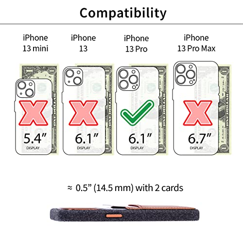 Image of Dockem Fabric Card Case for iPhone 13 Pro with Built-in Metal Plate for Magnetic Mounting, Stitched-on Genuine Leather Wallet with 2 Credit Card /ID Slots: M2F 6.1 inch Pro [Grey w /Light Brown]