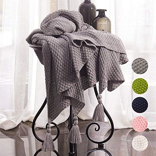 JSHANMEI Knitted Tassel Throw Blanket Cotton Cable Super Soft Warm Knit Crocheted Blanket for Couch Sofa Beach Chair Bed Home Decorative 130X180cm in All Season(Grey)