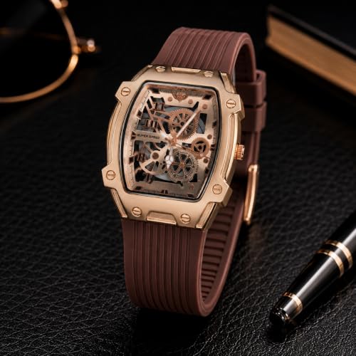 Image of Men's Analog Watch with Skeleton Dial, Rose Gold Alloy Case, Brown Silicone Strap, Quartz Movement, Magnetic Buckle & 30M Water Resistant Wrist Watch