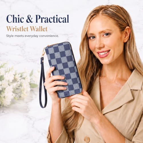 Image of Denim Checkered Wallet for Women, Zip Around Wristlet Wallet | Detachable Wrist Strap, Large Capacity Long Phone Wallet for Cards, Cash & Travel