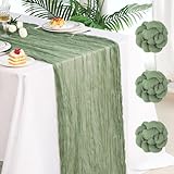 Fixwal 3 Pack Sage Green Cheesecloth Table Runners, Pleated Boho Gauze Table Runner, Long Semi-Transparent Table Decorations for Parties, Showers, Birthdays and Weddings(35x120 Inch)