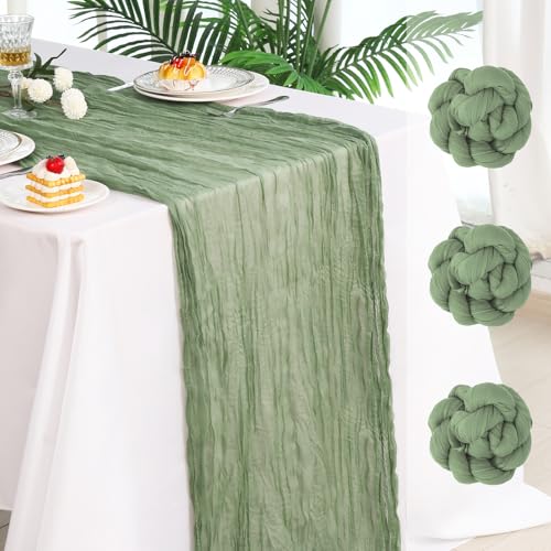 Fixwal 3 Pack Sage Green Cheesecloth Table Runners, Pleated Boho Gauze Table Runner, Long Semi-Transparent Table Decorations for Parties, Showers, Birthdays and Weddings(35x120 Inch)