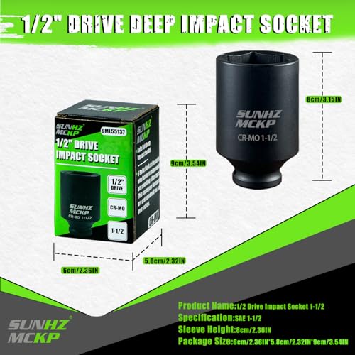 Image of SUNHZMCKP 1 /2 Inch Drive Deep Impact Socket, SAE 1-1 /2 Inch Socket, 6 Point | Large Sockets, 6 Point Axle Nut Socket for Easy Removal of Axle Shaft Nuts, CR-MO
