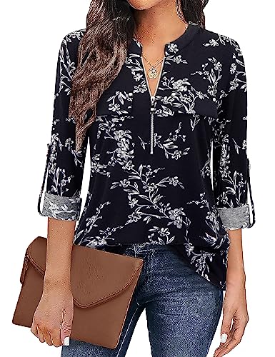Image of Bulotus 3 /4 Length Sleeve Womens Striped Tops Zipper V Neck Collared Blouses Business Casual Tunics 2026 Spring Trendy