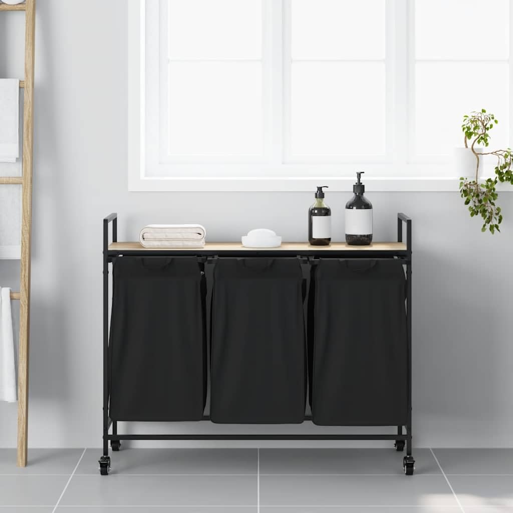 Panier à linge 3 compartiments avec roulettes et étagère