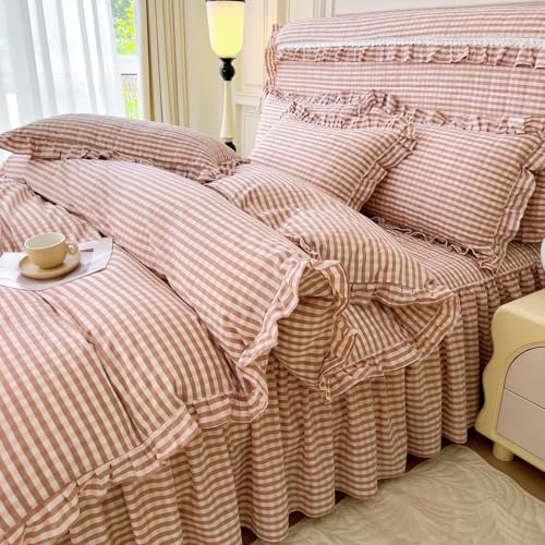 Image of LifeTB Pink Gingham Comforter Set Full Ruffle Pink Plaid Comforter Set 3 Pieces Grid Checkered Pattern Comforter with 2 Pillowcases Fluffy Boho Farmhouse Gingham Bedding Comforter for All Seasons