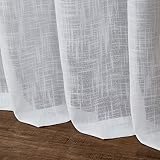 Melodieux Białe lniane teksturowane półprzezroczyste zasłony 160 cm długość do sypialni salonu naturalny lniany pręt kieszeń firanki z woalu, 132 na 160 cm (2 panele)