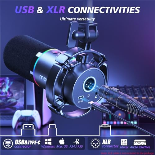 MAONO XLR/USB Dynamic Microphone for Gaming PC, RGB Podcast Mic for YouTube with Software, Mute, Gain Knob, Volume Control, Boom Arm for YouTube... - Image 2