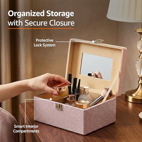 Image of Amazon Basics Bridal Vanity Box - Large Capacity Cosmetic Organizer for Women, Faux Leather & MDF Beauty Case for Makeup, Brushes, and Skincare - Stylish Travel & Home Storage, Pink