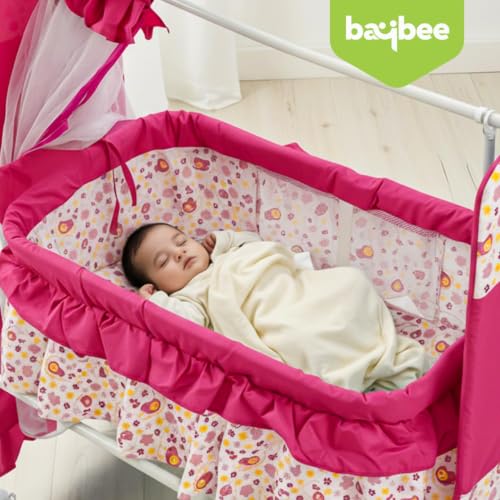 Image of BAYBEE Baby Cradle and Swing for Newborn Babies with Mosquito Net, Portable Jhula with 360 Wheel Lock, Sleeping Swing Bassinet, Uyyala Palna for 0-12 Months Boys & Girls (Pink)