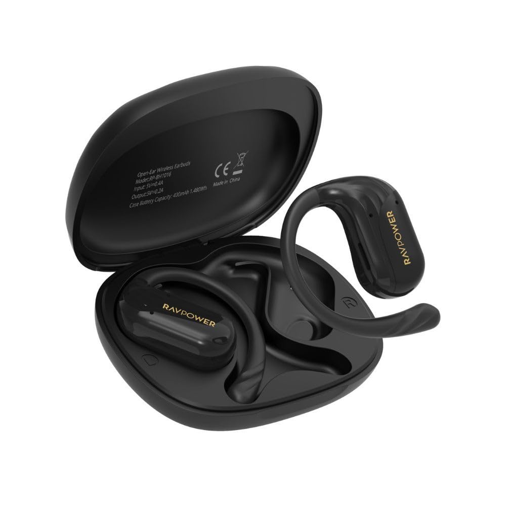RAVPowerOpenRun Air2 True Wireless Bluetooth Earbuds, Open-Ear Design, Hi-Fi Stereo Sound, 24H Playtime, Bluetooth 5.4, IPX4 Sweatproof, USB-C Fast Charging, BH1016