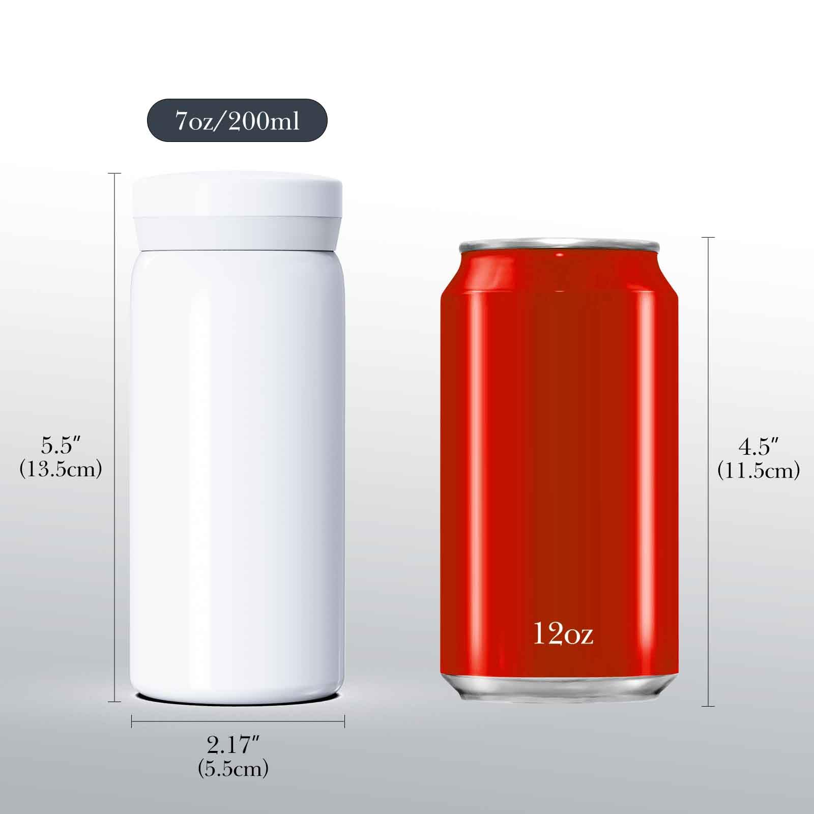Image showing the dimensions of the Linkidea Mini Water Bottle: 5.5 inches height and 2.17 inches width, compared to a 12oz soda can.