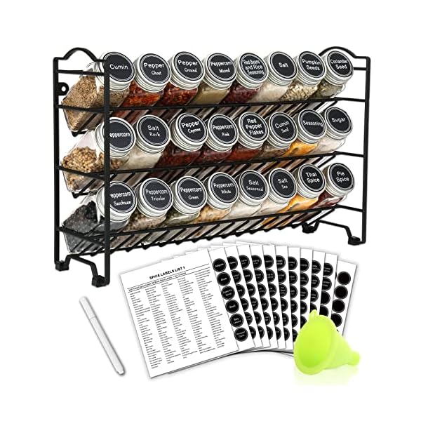 SWOMMOLY Spice Rack Organizer with 24 Empty Square Spice Jars, 396 Spice Labels with Chalk Marker and Funnel Complete Set, for Countertop, Cabinet or Wall Mount, Black