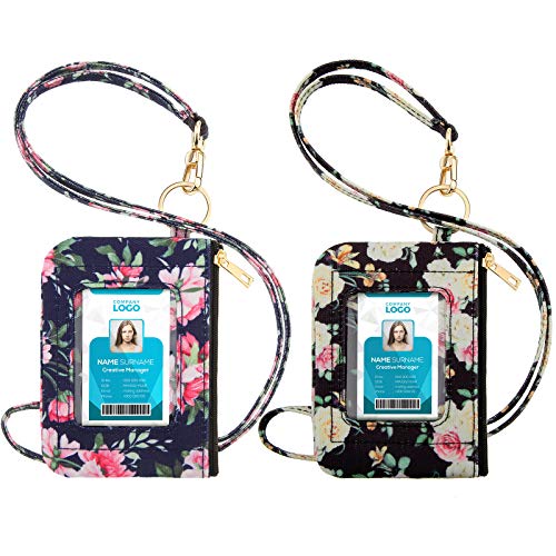 2 Pieces ID Badge Holder with Lanyard, Cute Floral Lanyard Wallet with Clear ID Window, ID Card Lanyard Holder Zip ID Case with a Detachable Neck Lanyard and a Wrist Lanyard for Girl Women