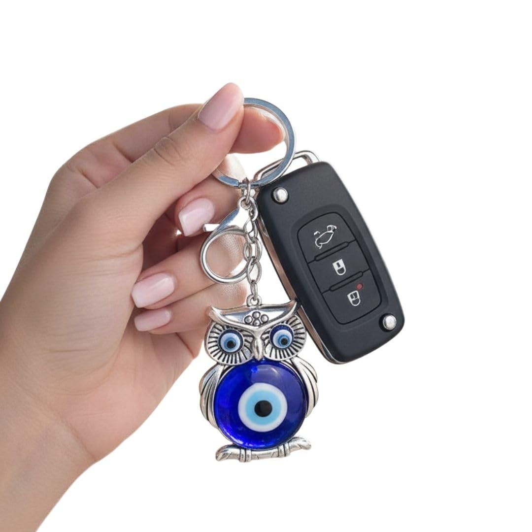 BLUE BEADS Blue and Silver Evil Eye with Lucky Owl Keychain For