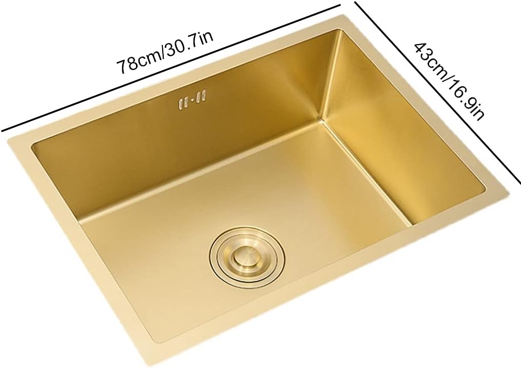 Kitchen sink Large Gold Square 304 Stainless Steel Sink Single Bowl Bar Preparation with Drain Pipe Drop-in Or Undermount (Color : Gold, Size : 78×43×21cm)