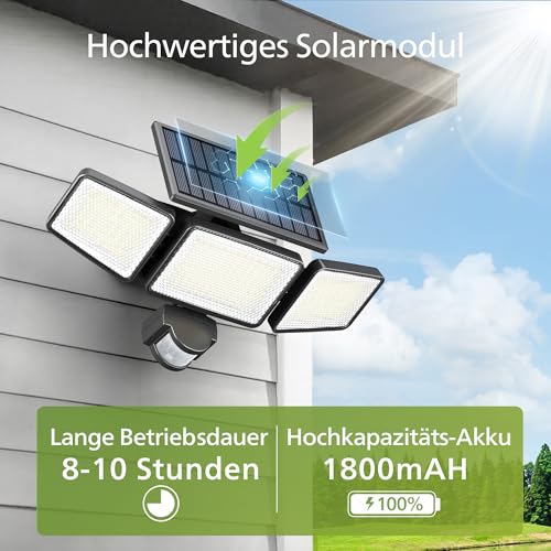 Philips Solarlampen für Außen mit Bewegungsmelder, 302 LEDs 1200 Lumen, Solarbetriebene Wasserdichte Wandfluter, 3 Köpfe, IP65 Wasserdicht, 3 Modi (2 Stück)