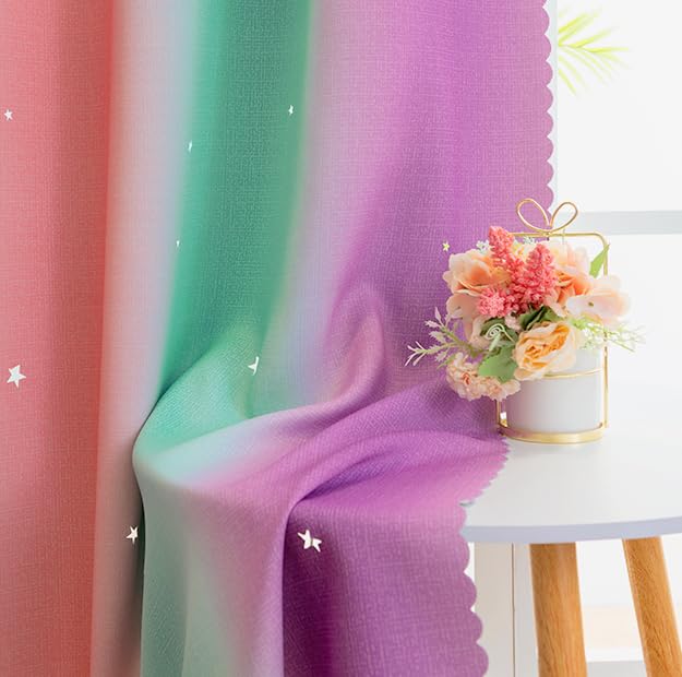 Image of Yancorp Curtains for Girls Bedroom Kids Room Curtain Colorful Window Nursery Curtain 63 inches Length Room Darkening Grommet 2 Layers (Green Pink Purple, W52 X L63)