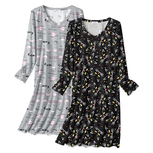 Ekouaer Cotton Nightgowns for Women 2 Pack Night Gown Long Sleeve Sleepshirts V Neck Night Shirt Soft Sleepwear