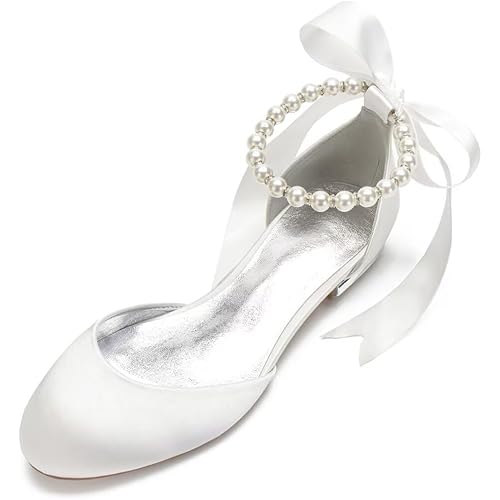 Wedding Shoes Flats for Bride Satin Pearls Round Toe Women Dress Shoes for Special Occasions