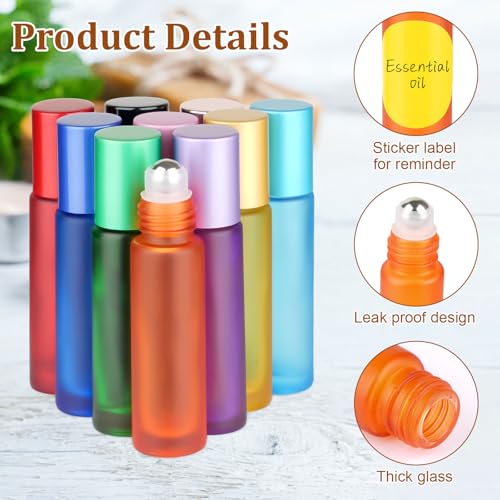 10ml Roll on Glasflaschen für Ätherisches Öle, 10 Stück Roll on Flasche Leer, Rollon Flaschen mit Öffner, Strohhalm, Etiketten, Tropfer, für Parfüm, Kosmetika, Aromatherapie, Massage(10 Farben)