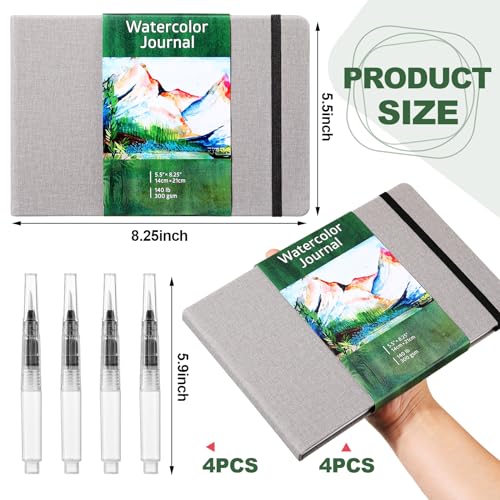 Image of Dispowreath 4 Set Watercolor Sketchbook Journal with Watercolor Brush Pens 300 GSM Cotton Paper Portable Square Small Pocket Notebook Travel for Painters Art Supplies(Grey,5.5 x 8.25 Inch)