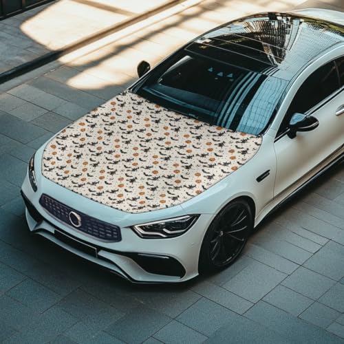 Image of Witch Skull Halloween Print Car Hood Cover Easy to Install Fabric Hood Cover Halloween Vehicles Decorate Engine Removable Automotive Accessories Personalized Suitable for Cars(59x39 Inch)