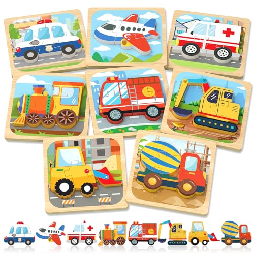 Image of Benresive Wooden Toddler Puzzles, Montessori Toys for 1 2 3 Year Old Boys, Toys for 1 2 3 Year Old Boy Birthday Gifts, 8 Pack Vehicle Toddler Learning Educational Puzzles