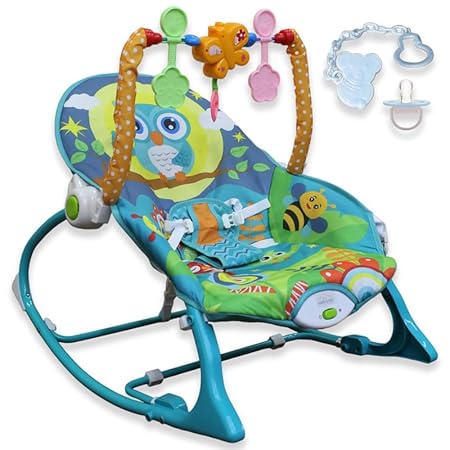 Safe-O-Kid Acoustic Baby Rocker Cum Bouncer with 1 Year Warranty, Multi-Position Reclining, with Vibrations, Safety Harness and Toy Bar- Blue