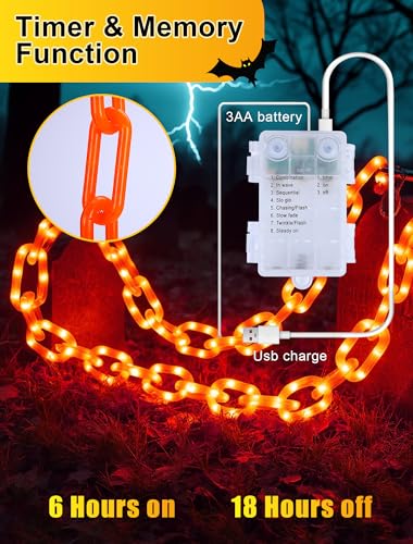 YOUNGAR Halloween String Lights,13.7ft 175LED Battery/USB Operated Plastic Chain Light,Timer Memory with 8 Modes for Haunted House Indoor or Porch, Window, Party Outdoor Decorations (Orange)