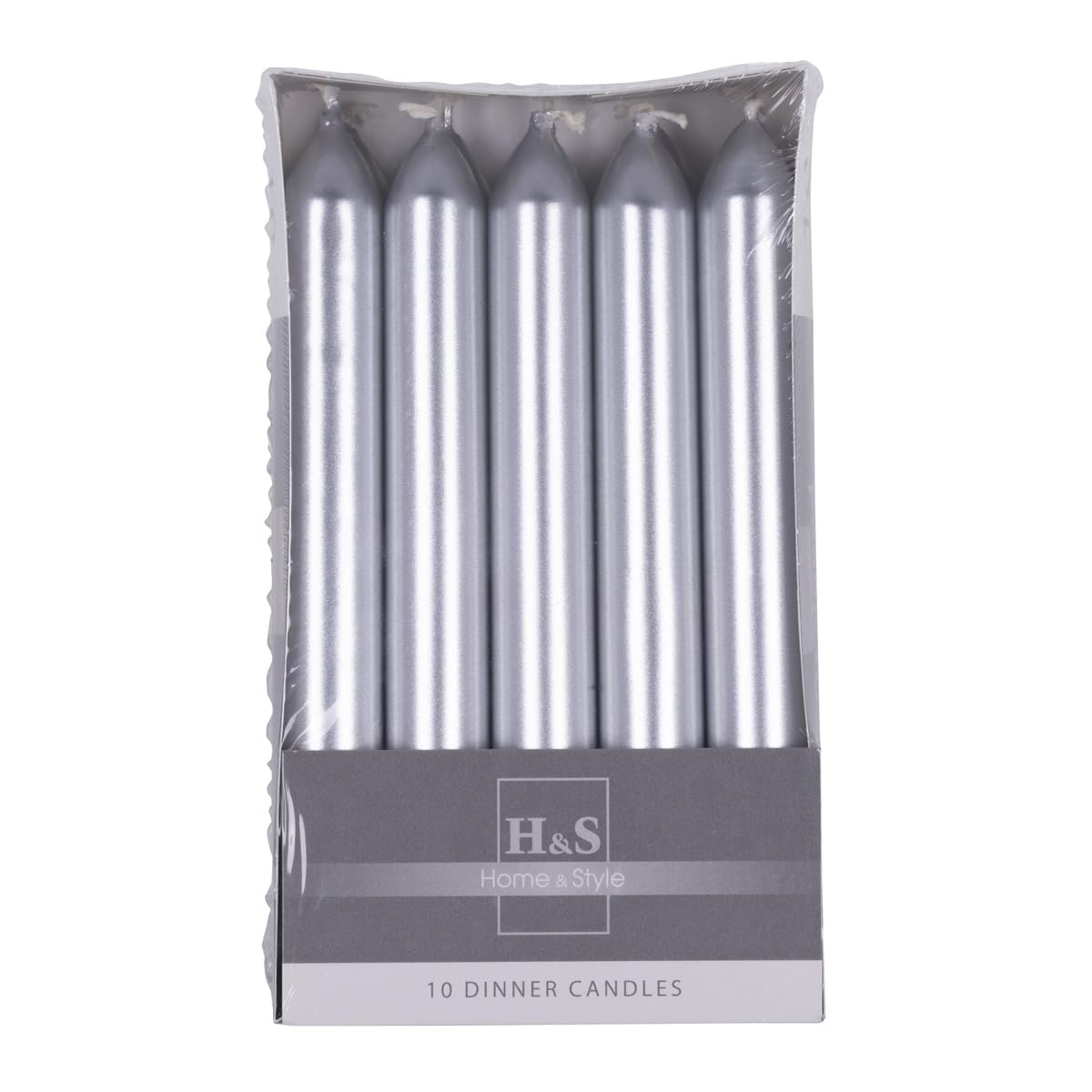 DONAU Home Juego de velas de varilla lacadas lisas/plateadas/10 unidades en caja de cartón, 17 x 2 cm de diámetro, sin perfumar/cilíndricas/velas de mesa para decoración en el salón, cuarto de baño, 6