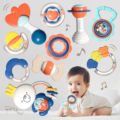 Image of Evoceler Baby Rattles - 10 Pcs Food Grade Teething Toys 0-12 Months, Features Rattle Sound, Soft Baby Rattles 0-6 Months for Gums Soothing, Baby Teether Baby Shower Gifts with Storage Box