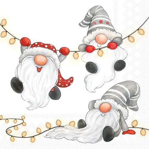 20 Servietten Weihnachten Gnome und Lichterketten weiß als Tischdeko....