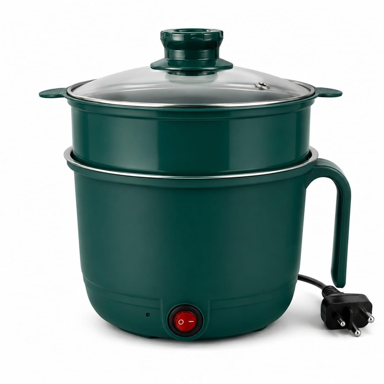 Multi-Purpose Electric Cooking Pot with Steamer 1.5L 600W Green | Glass Lid Included, Boil, Steam & Hot Pot, Portable Design, Noodles & Soup Ready, Power: 600W-image-9