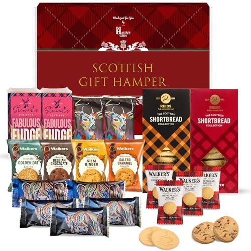 Hattie’s Gifts Scottish Food Hamper - Biscuits Gift Set with Individually Wrapped Luxury Shortbread & Fudge Bar - Gourmet Sweet Snacks for Men and Women