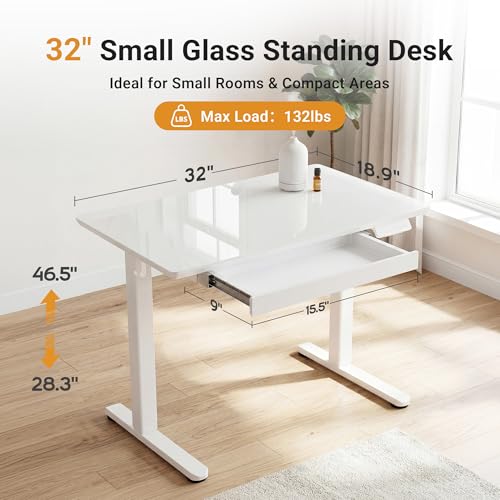Image of YDN Glass Standing Desk with Drawer, 32 x 19 Inches Electric Adjustable Height Desk, Sit Stand Home Office Desk with Tempered Glass Top, 4 Memory Presets Ergonomic Computer Desk, Super White