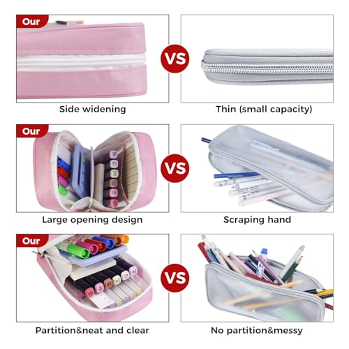 Image of Fmeida Grid Mesh Pencil Case - Upgraded 4 Compartment Pencil Pouch, Clear Adult Pencil Bag Aesthetic Marker Pouch Stationary Bag Office Organizer for College Business Travel - Pink&White