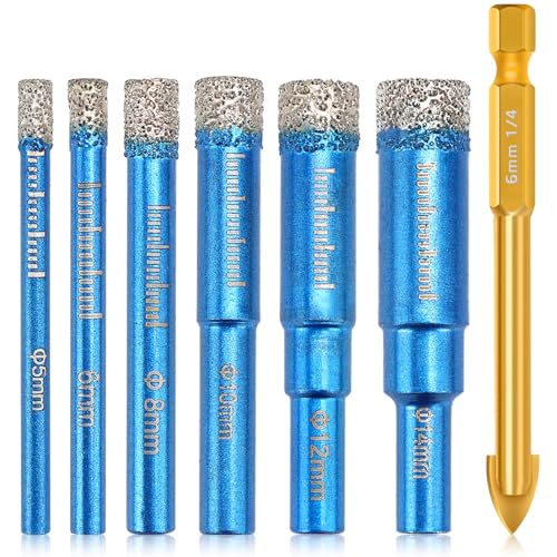 Fliesenbohrer Set, Diamantbohrer 7 Stück 5, 6, 8, 10, 12, 14mm Glasbohrer und 6mm Metall Bohren, Diamantbohrer Fliesen Kann Nass und Trocken Bohren, für Keramik, Granit, Glas, Fliesen, Marmor Fliesenbohrer Set, Diamantbohrer 7 Stück 5, 6, 8, 10, 12, 14mm Glasbohrer und 6mm Metall Bohren, Diamantbohrer Fliesen Kann Nass und Trocken Bohren, für Keramik, Granit, Glas, Fliesen, Marmor