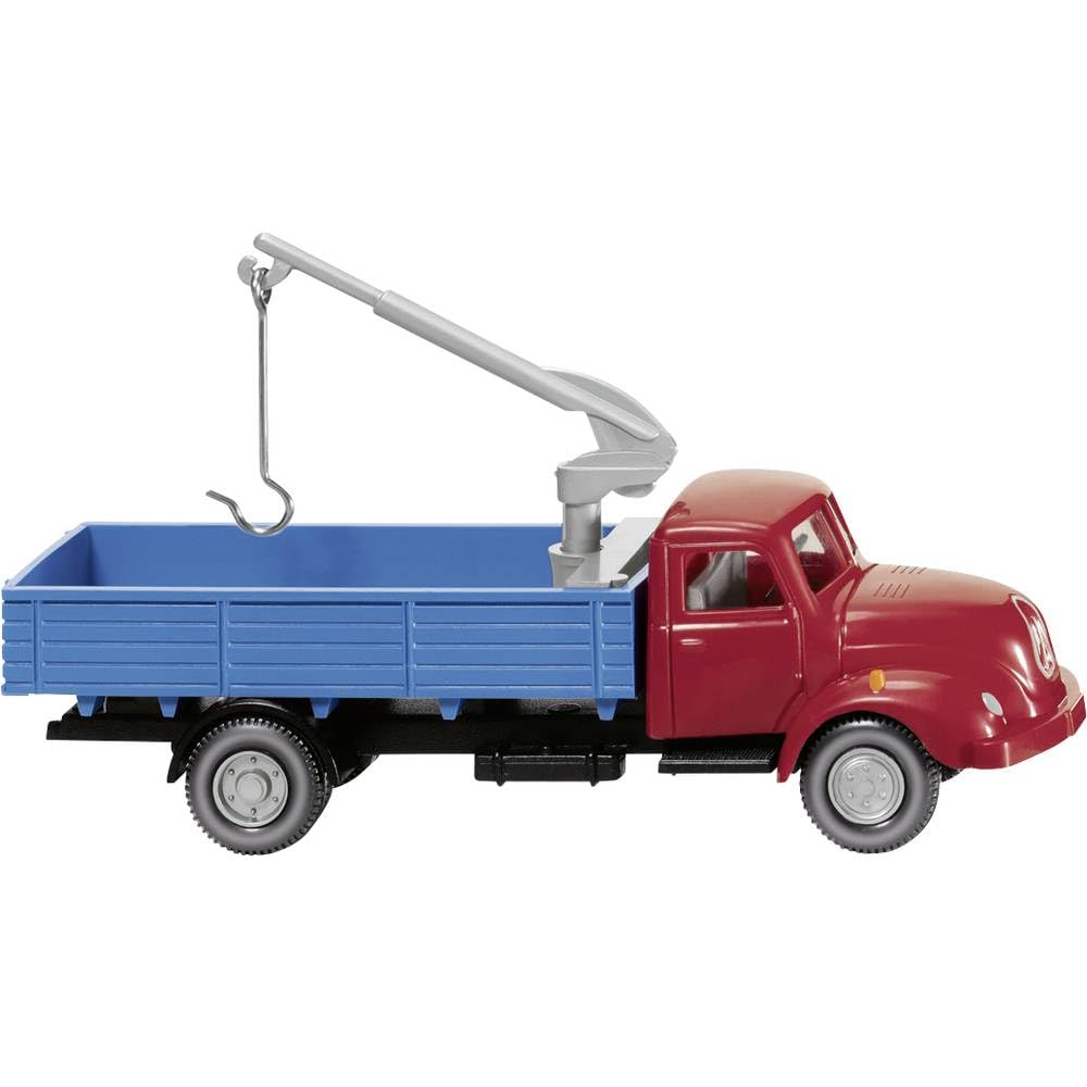 Flatbed truck w. loading crane (Magirus S 3500) - red/blue - Model Car, Ready-made - Wiking 1:87 - Collectible