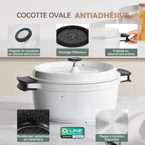 ROSSETTO 4,3L Cocotte ronde en fonte d’aluminium, revêtement antiadhérent en céramique. Couvercle avec picots saveurs. Compatible tous feux dont induction et au four jusqu’à 220° (24cm, Blanc) – Image 4
