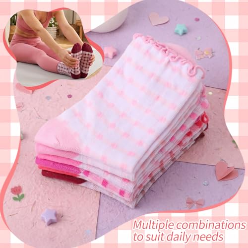 Image of 6 Pairs Women Ruffle Striped Frilly Socks, Cute Checkered Ankle Sock for Women Cotton Knit Casual Crew Socks