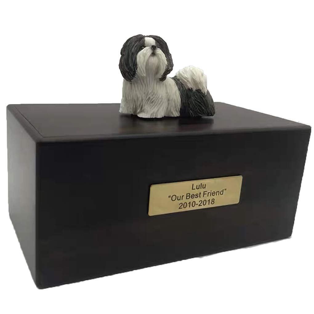 Personalized Rosewood Custom Pet Ashes Urn with Statue Customisable Engraved Nameplate for Dog & Cat Name and Date Custom Pets Box Cremation Funeral Keepsake Urns for Dogs Cats Memorial Ashes,Shih Tzu