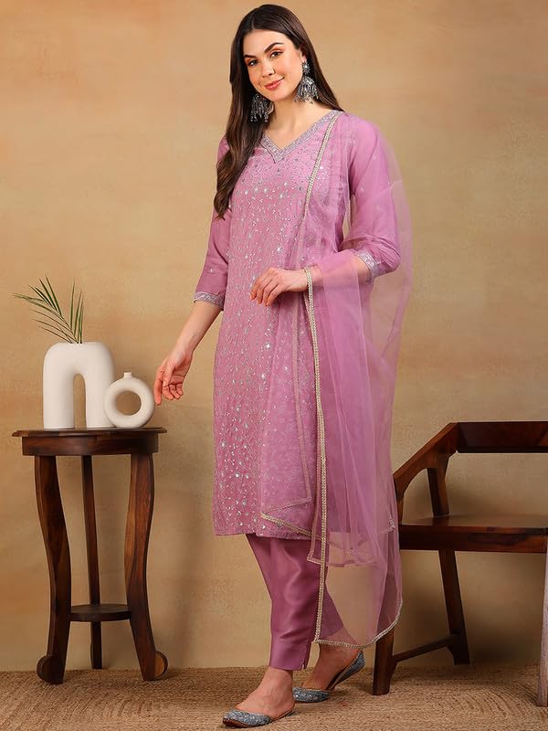 Image of Vaamsi Women's Silk Blend Floral Embroidered Straight Kurta Pant With Dupatta With Cotton Inner