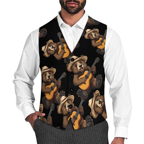 Bear Playing Guitar Men's Suit Vests Business Formal Dress Vest V-Neck Waistcoat for Wedding Casual