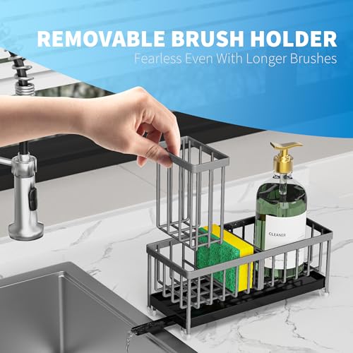 Image of Cisily Sponge Holder for Kitchen Sink, Sink Caddy Organizer with High Brush Holder, Kitchen Countertop Organizers and Storage Essentials, Rustproof 304 Stainless Steel (Dark Grey, 9.25″)